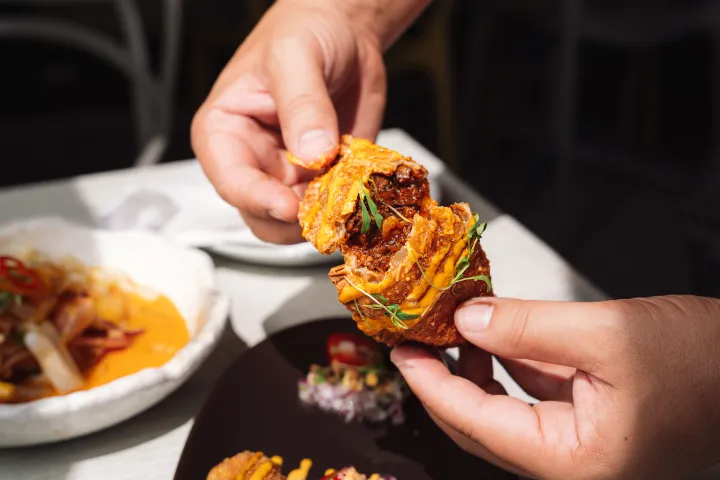 a hand holding a piece of food on a plate